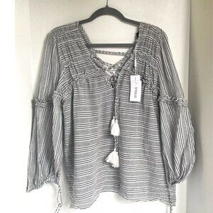 Derek Lam Gray Stripe Cotton Tunic Shirt V-Neck Tassel Tie Womens 10